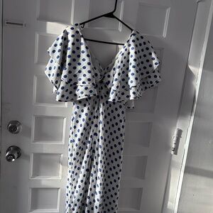 One-Shoulder White Maxi Dress with Blue Polka Dots